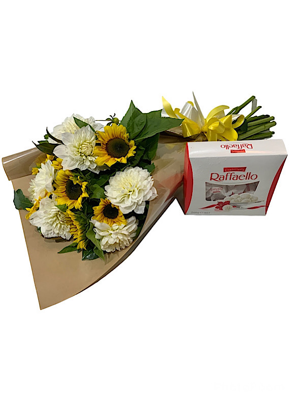 Yellow and White Bouquet with Raffaello Chocolates.