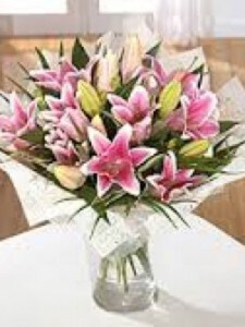 Pink Oriental Lilies Including Glass Vase