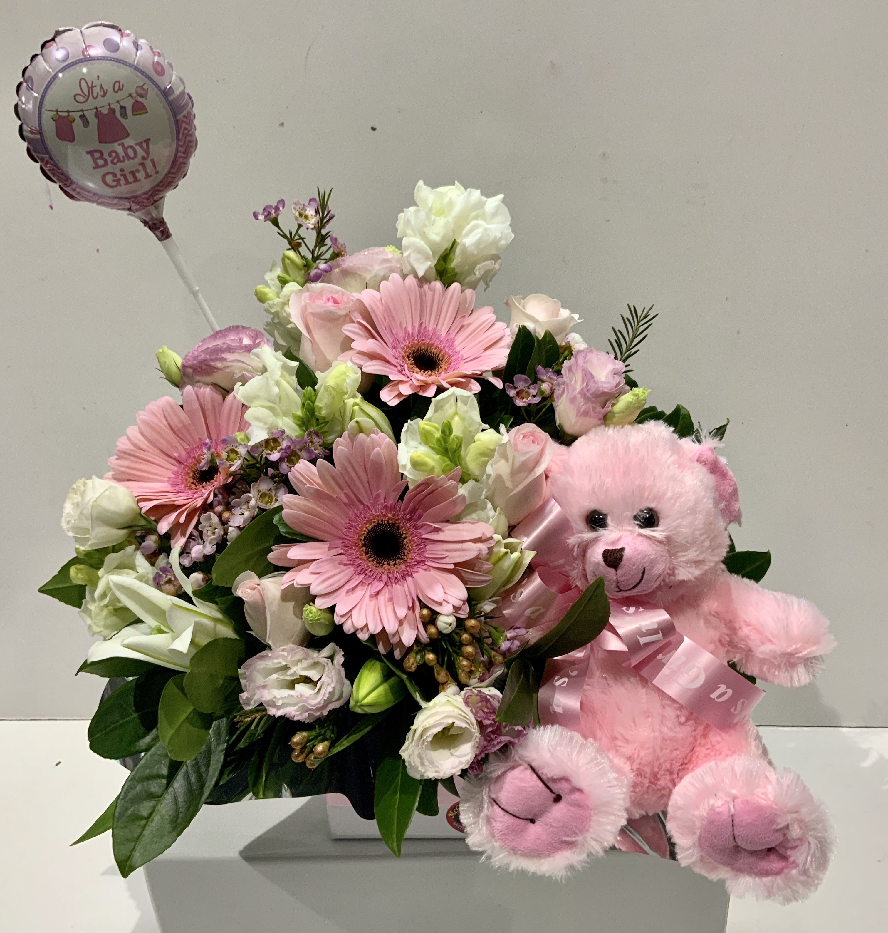Baby Girl Pink Box + Teddy Bear + Balloon