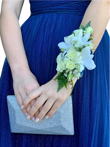 Wrist corsage with blue ribbon.